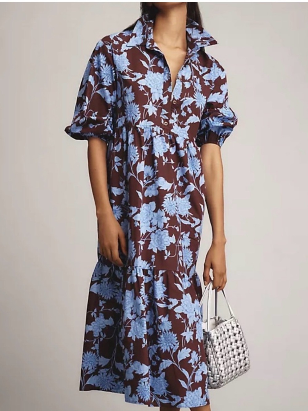 Anthropologie Maeve The Bettina Tiered Shirt Dress Maroon Blue Floral